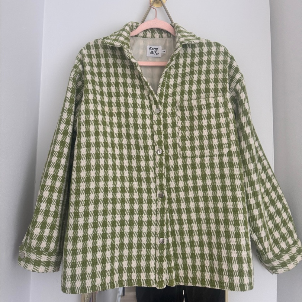 Princess Polly Green and Cream Houndstooth Button-Up Jacket